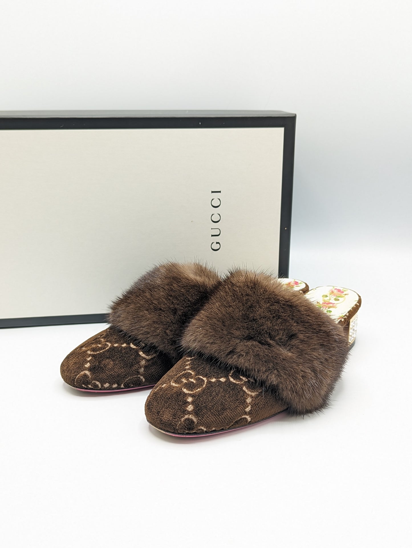 Gucci Brown Velvet Fur Crystal Block Heel Mules Size 36.5