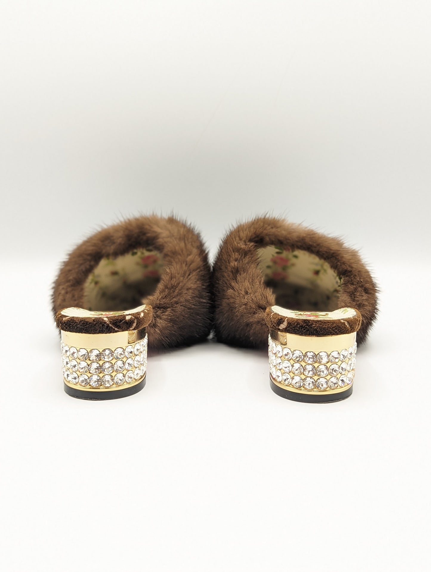 Gucci Brown Velvet Fur Crystal Block Heel Mules Size 36.5