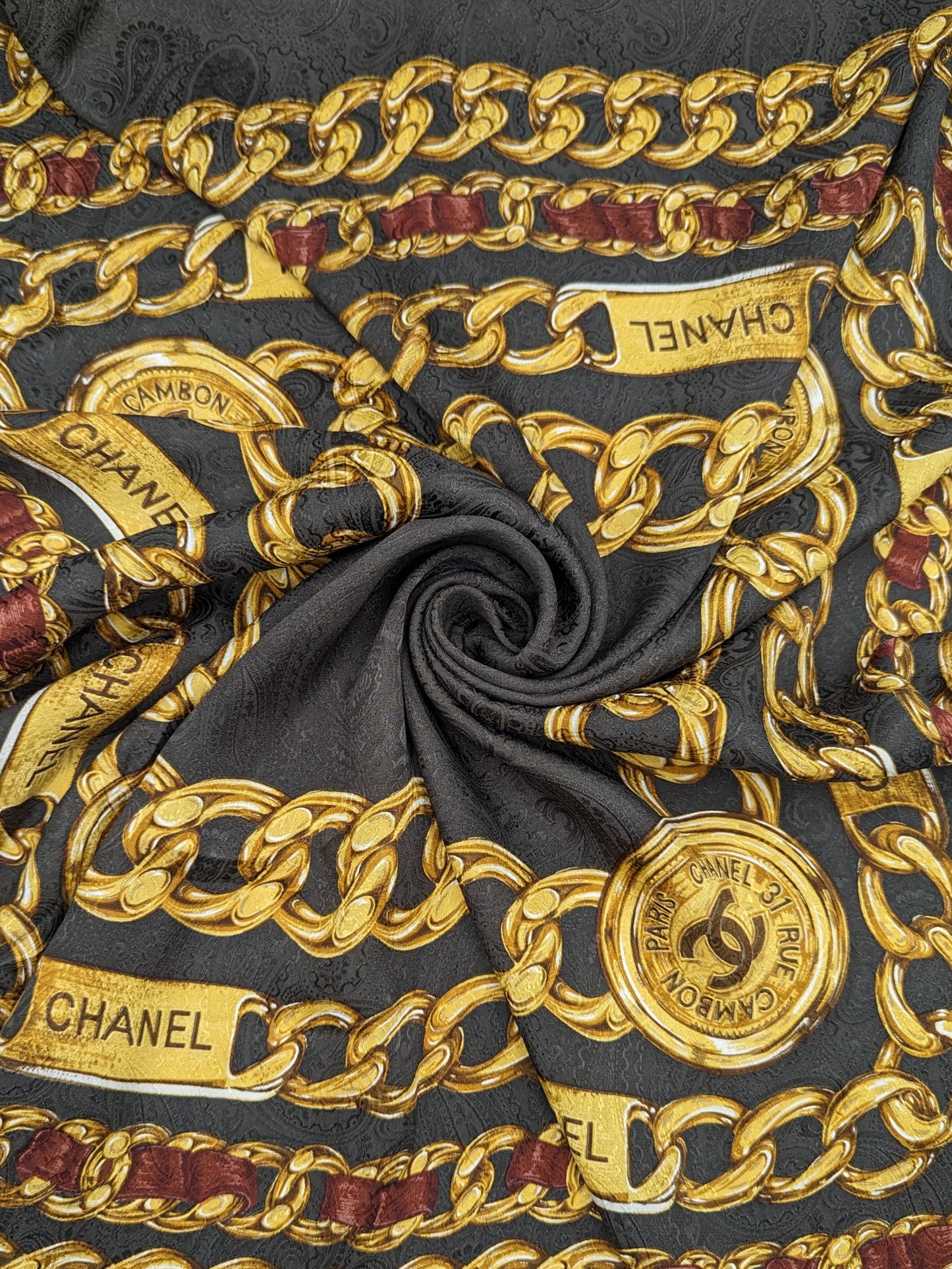 NWT Chanel Brown Paisley Gold Chain Silk Scarf