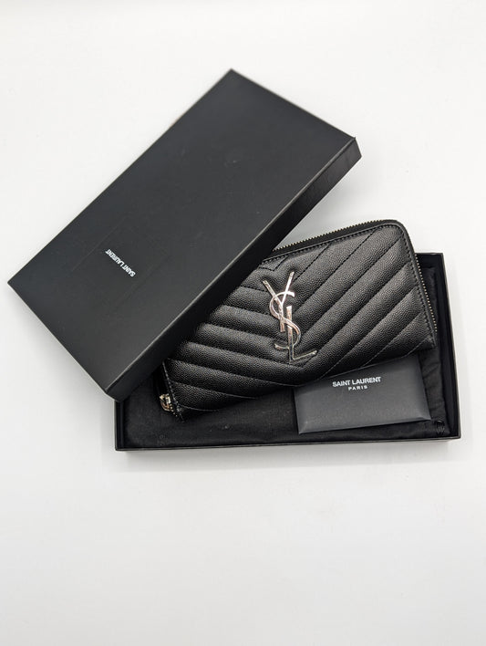 Saint Laurent Black Leather Cassandre Zip Wallet
