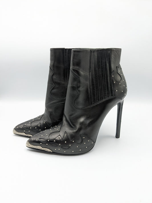 Saint Laurent Black Calfskin Western Studded Ankle Booties Heels Size 38
