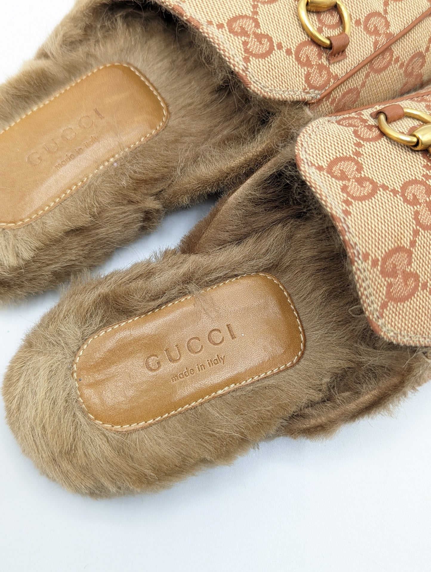 Gucci Monogram Fur Princetown Mules Size 37.5